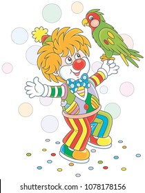 Funny circus clown playing with his colorful parrot, vector illustration in a cartoon style