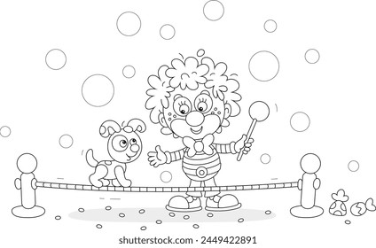 Funny circus clown playing with a his cheerful small puppy balancing on a taut rope in a fun performance, black and white vector cartoon illustration for a coloring book