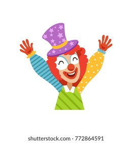 Funny circus clown raising his hands, avatar of cartoon friendly clown in classic outfit vector Illustration