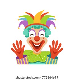 Funny circus clown raising his hands, avatar of cartoon friendly clown in colorful classic outfit vector Illustration