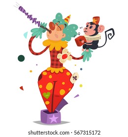 Funny circus clown in traditional costume with a cute monkey in his arms. Vector cartoon character isolated on a white background.