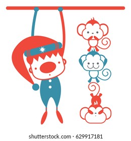Funny circus clown in traditional costume with a 3 cute baby monkey. Vector cartoon character isolated on a white background.