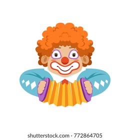 Funny circus clown in traditional makeup with harmonic, cartoon friendly clown in classic outfit vector Illustration