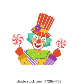 Funny circus clown in traditional makeup holding lollipops, cartoon friendly clown in classic outfit vector Illustration