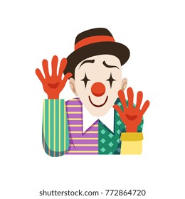 Funny circus clown in traditional makeup with, cartoon friendly clown in classic outfit vector Illustration