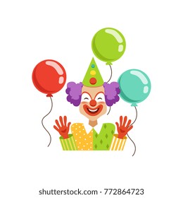 Funny circus clown in traditional makeup with colorful balloons, cartoon friendly clown in classic outfit vector Illustration