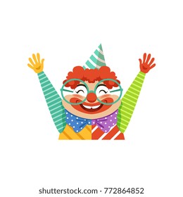 Funny circus clown in traditional makeup and glasses, cartoon friendly clown in classic outfit vector Illustration