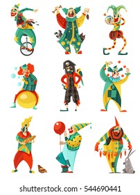 Funny circus clowns isolated decorative icons set in color with trick cycle pirate costume and balloon vector illustration