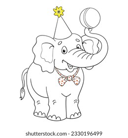 Funny circus elephant in a festive hat with a ball in his trunk. Black and white picture in cartoon style. For coloring book. Isolated on white background. Vector illustration.