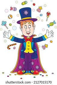 Funny circus magician illusionist with his mysterious hat and a magic cloak, conjuring tricks with flying sweets, vector cartoon illustration isolated on a white background