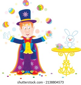 Funny circus magician illusionist with his mysterious hat and a magic cloak conjuring tricks with flying colorfully decorated Easter eggs, vector cartoon illustration isolated on a white background