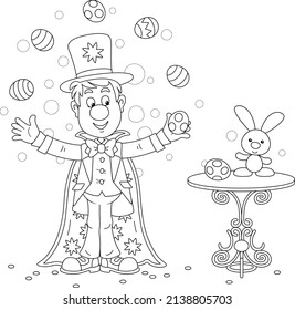 Funny circus magician illusionist with his mysterious hat and a magic cloak conjuring tricks with flying decorated Easter eggs, black and white vector cartoon illustration for a coloring book page