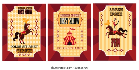 Funny circus poster set. Poster with Best show, Poster with horses and poster with elephant on ball Circus posters on red tent and gymnast om horse