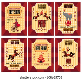 Funny circus poster set. Poster with monkey on bicycle Best show, Poster with two horses and poster with elephant on ball Circus posters on red tent and gymnast om horse