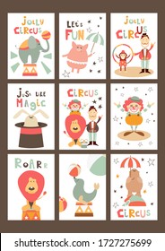 Funny Circus Posters Set - Cartoon Circus Animals and Characters - Clown, Tamer, Illusionist. Kids Illustration for Baby Clothes, Greeting Card, Nursery Decor. Vector Illustration. Cute Lettering.