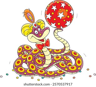 Funny circus snake charmer wearing a fakir hat and playing with a big beautiful ball in an amusing performance, vector cartoon illustration on a white background