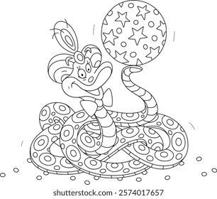 Funny circus snake charmer wearing a fakir hat and playing with a big beautiful ball in an amusing performance, black and white outline vector cartoon illustration for a coloring book