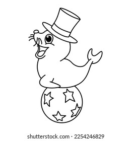 Funny circus walrus cartoon characters vector illustration. For kids coloring book.