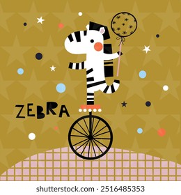 Engraçado circo zebra desempenho mágico animal em uma roda dançando mão desenhado engraçado infantil criança vetor ilustração confete festa feriado.