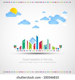 Funny City Theme Background With Sun And Clouds.