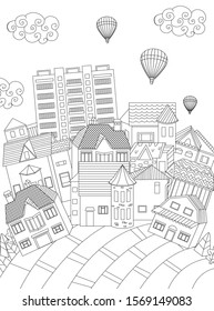 funny cityscape with hot air balloons in the sky for your coloring book