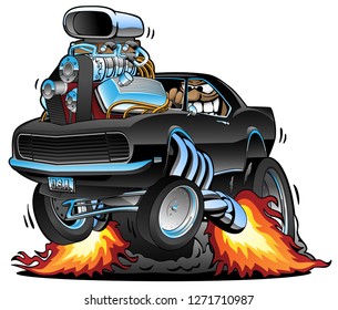 Funny classic American muscle car popping a wheelie, huge chrome engine, wild driver with a big grin, sharp cartoon vector illustration isolated for easy editing