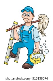 Funny cleaner holding a mop and a ladder