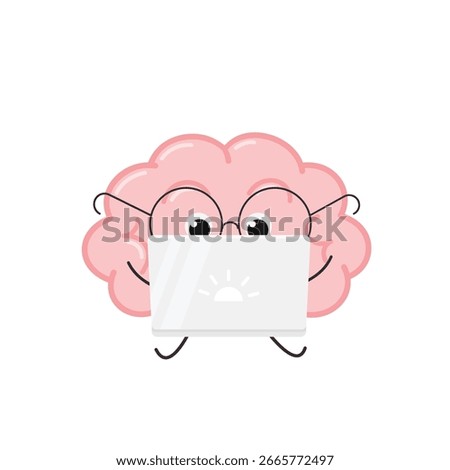 Funny clever concentrated cartoon brain character with eyeglasses working on laptop. Vector flat illustration isolated on white background 