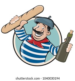 Funny Clipart Of A French Man With Baguette And Wine