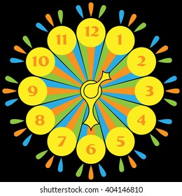 Funny clock with arrows in different colors on a black background