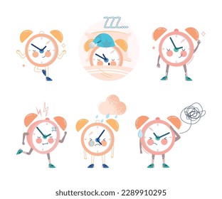 Funny Clock Character with Cute Face Vector Set