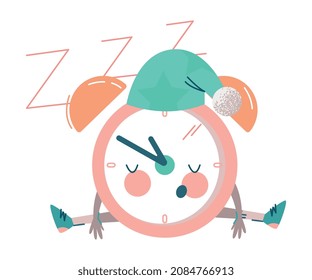 Funny Clock Character In Night Cap Sleeping And Snoring Sitting On The Ground Vector Illustration