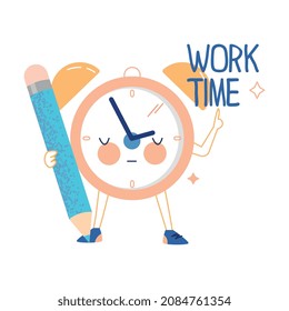 Funny Clock Character with Pencil Pointing at Work Time Vector Illustration