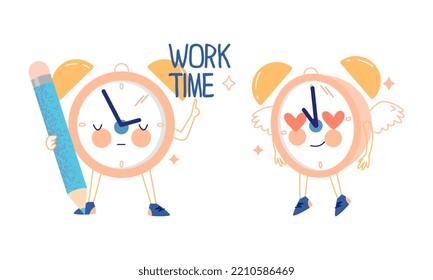Funny Clock Character con Lápiz Trabajando y Fluttering Sintiendo Amor Vector Set