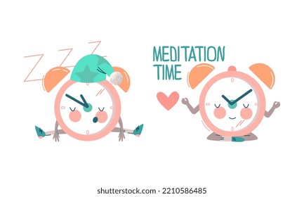 Funny Clock Character Sleeping In Night Cap And Meditating In Yoga Pose Vector Set