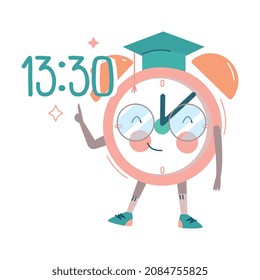 Funny Clock Character with Smiling Face in Graduation Hat Pointing at Time Vector Illustration