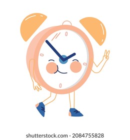 Funny Clock Character with Smiling Face Walking and Showing V Sign Hand Gesture Vector Illustration