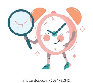 Funny Clock Character with Smiling Face Holding Magnifying Glass with Closed Eye Vector Illustration