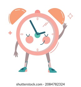Funny Clock Character with Smiling Face Waving Hand Vector Illustration