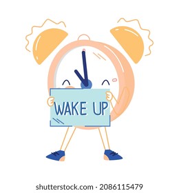 Funny Clock Character with Smiling Face Ringing Showing Wake Up Placard Vector Illustration