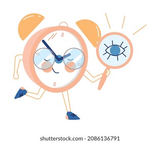 Funny Clock Character with Smiling Face Running with Magnifying Glass Vector Illustration