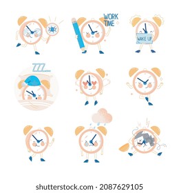 Funny Clock Character with Smiling Face Sleeping and Crying Vector Set