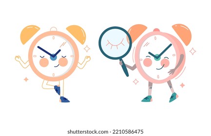 Funny Clock Character Standing in Yoga Pose and Holding Magnifying Glass Vector Set