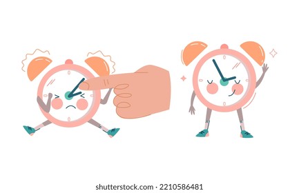 Funny Clock Character Waving Hand and Smiling and Ringing Vector Set