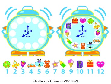 funny clock puzzle game for kids, play with numbers, time, education, learning by playing, how long, the development of children