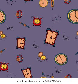 Funny clock seamless pattern. Drawn cartoon style.