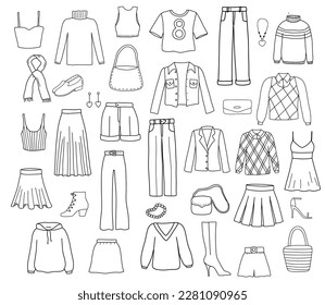 Funny clothes doodle set. Line sketch of denim jacket, jeans, pants, t-shirt, shoes, skirt isolated on white
