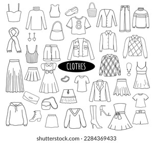 Funny clothes doodle set. Line sketch of jacket, jeans, pants, t-shirt, shoes, skirt isolated on white