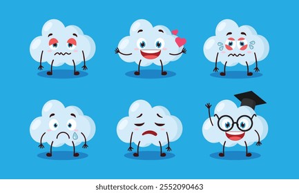 funny cloud cartoon character with different pose activity design illustration