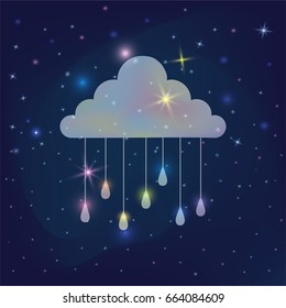 Funny cloud poster for kids. Cute colorful cloud with rainbow rain drops on shiny galactic space, glowing lights of stars in the mystical night sky background. Great as children t shirt, poster print.